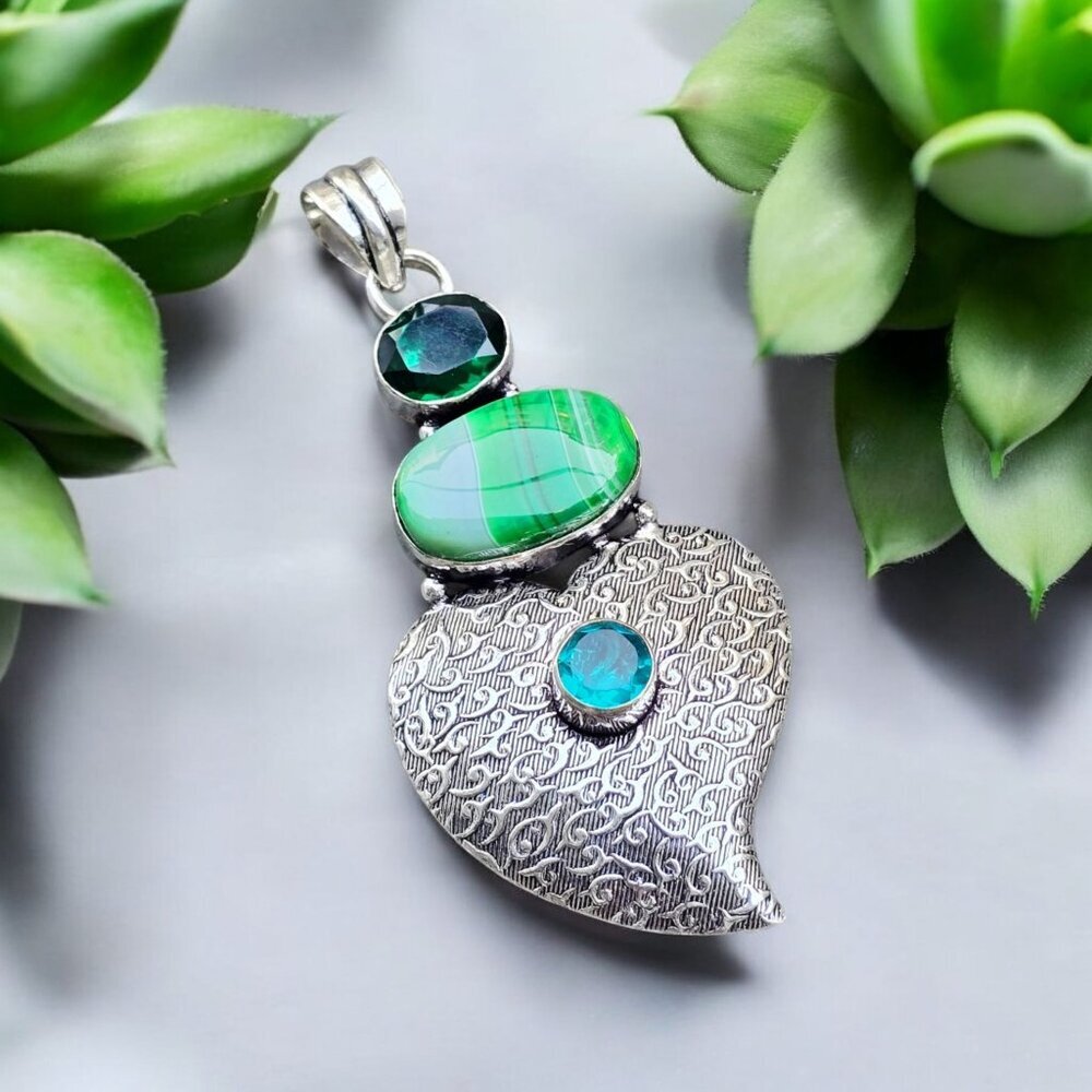 Emerald ✦ Green Lace Agate ✦ Swiss Blue Topaz Heart Pendant 925 Sterling NWT